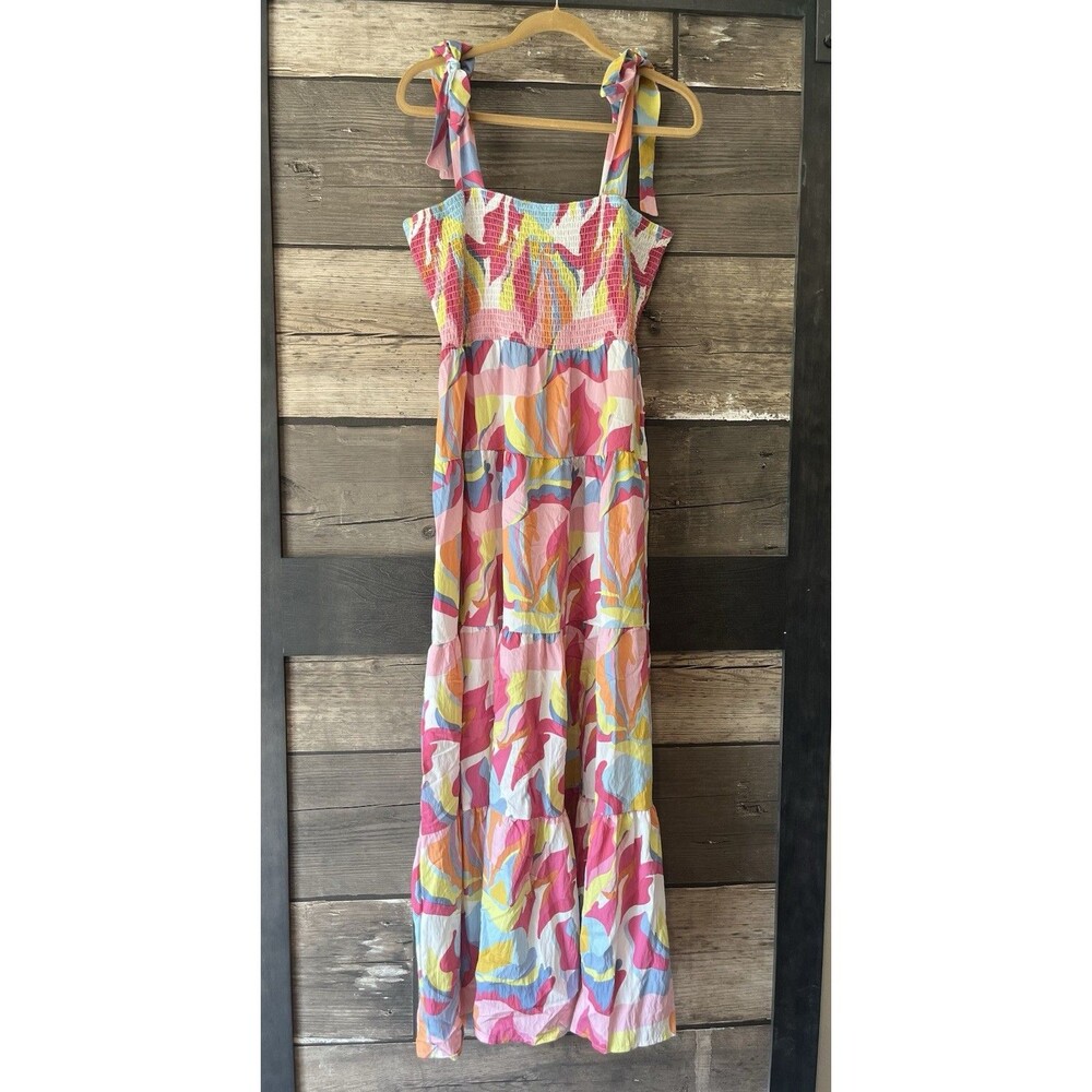 Michelle McDowell Womens Large Boho Tiered Maxi Dress Smocked Colorful Pastel